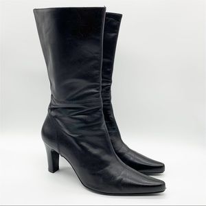 Andrea Coleccion Leather Mid Calf Pointy Toe Stacked Heel Boots Size 5